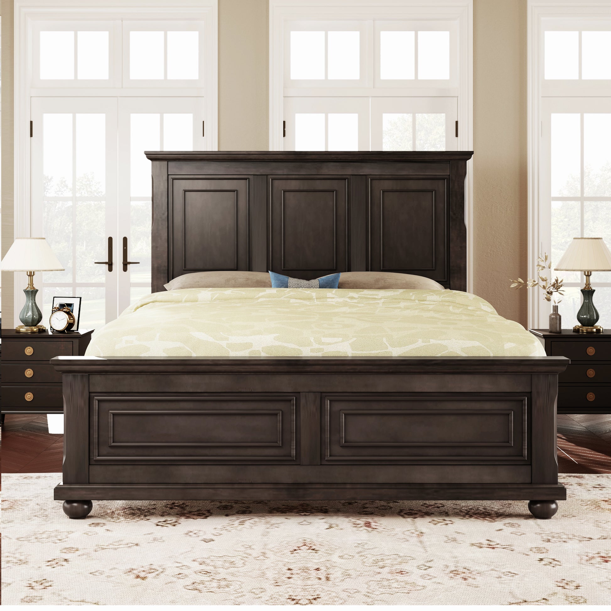 Traditional Town And Country Style Pinewood Vintage Queen Bed, Rich Brown Queen Brown Pine