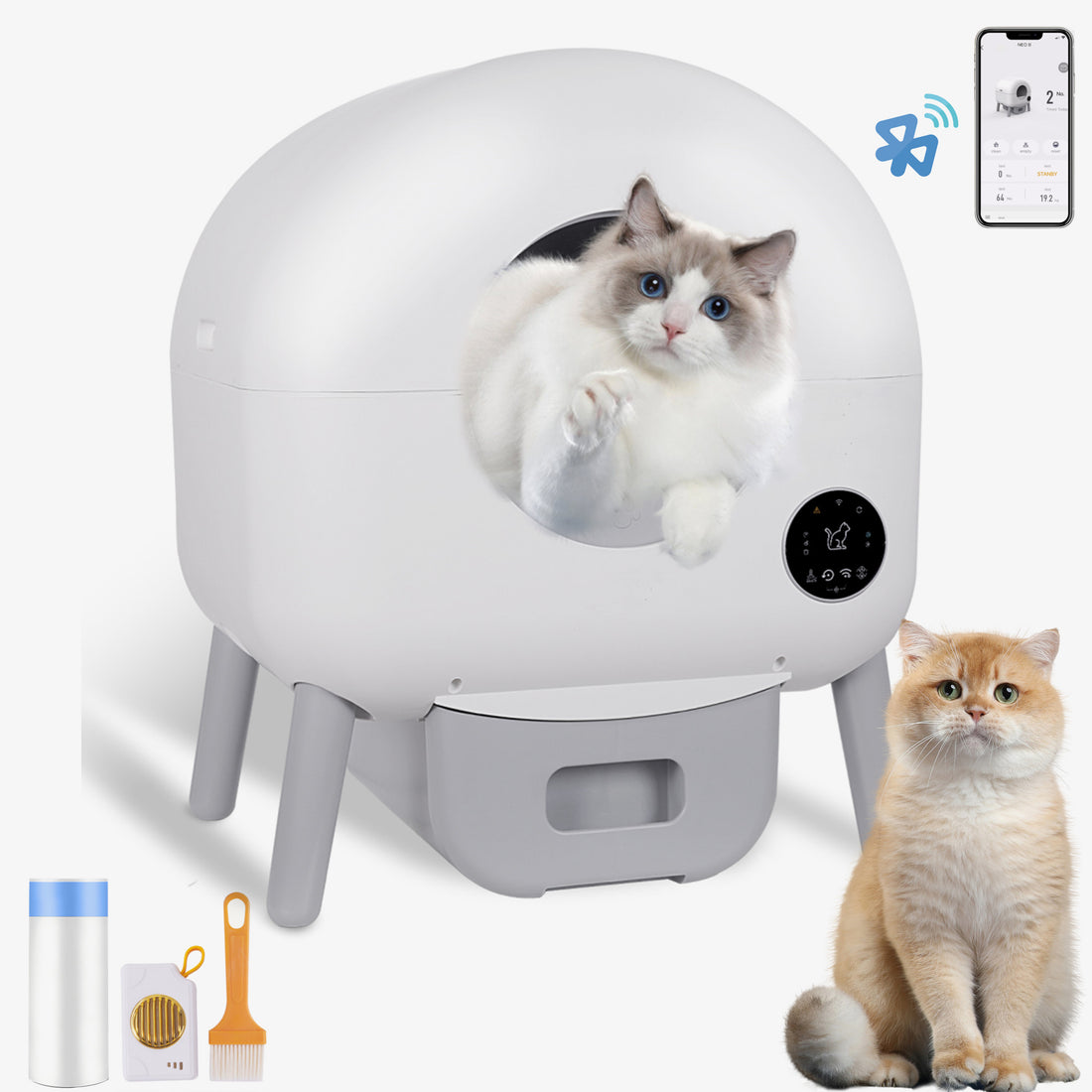 Self Cleaning Litter Box 2.2Lb 23Lb Cat Can Use, 100L Automatic Cat Litter Box Self Cleaning, Extra Large For Multiple Cats, Anti Pinch, All Clumping Litter Can Use, With Garbage Bags, App Control White Gray Abs