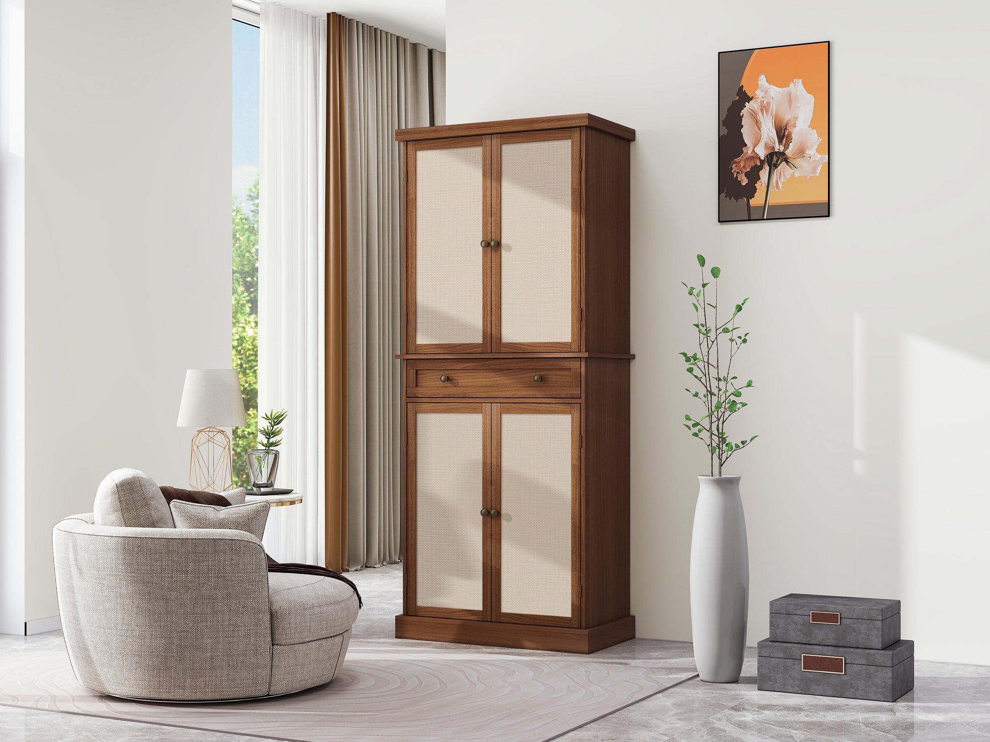 4 Door Cabinet With 1 Drawer, With 4 Adjustable Inner Shelves, Storage Cabinet Walnut Particle Board