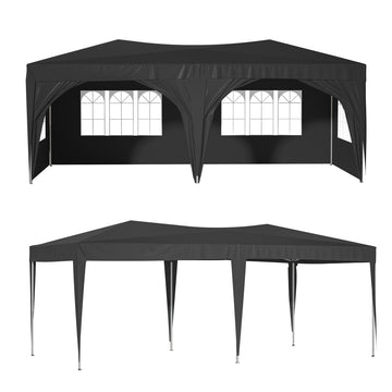 10'X20' Pop Up Canopy Tent With 6 Sidewalls, Ez Pop Up Outdoor Canopy For Parties, Waterproof Commercial Tent With 3 Adjustable Heights, Carry Bag, 6 Sand Bags, 6 Ropes And 12 Stakes, Black Black Metal