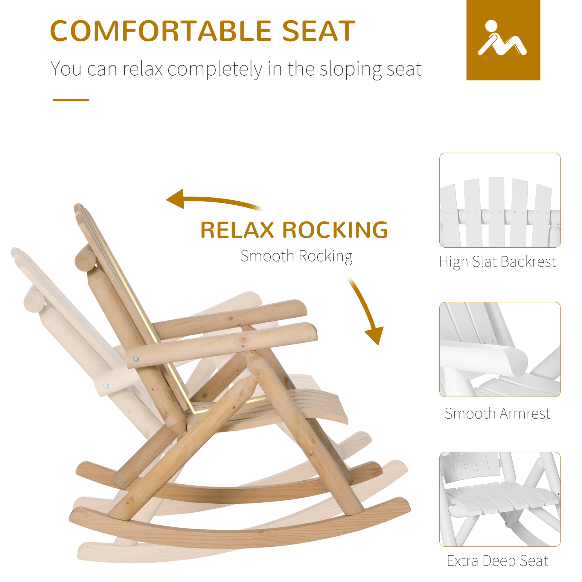 Outsunny Outdoor Wooden Rocking Chair, Single Person Rustic Adirondack Rocker With Slatted Seat, High Backrest, Armrests For Patio, Garden And Porch, Natural Natural Wood Wood