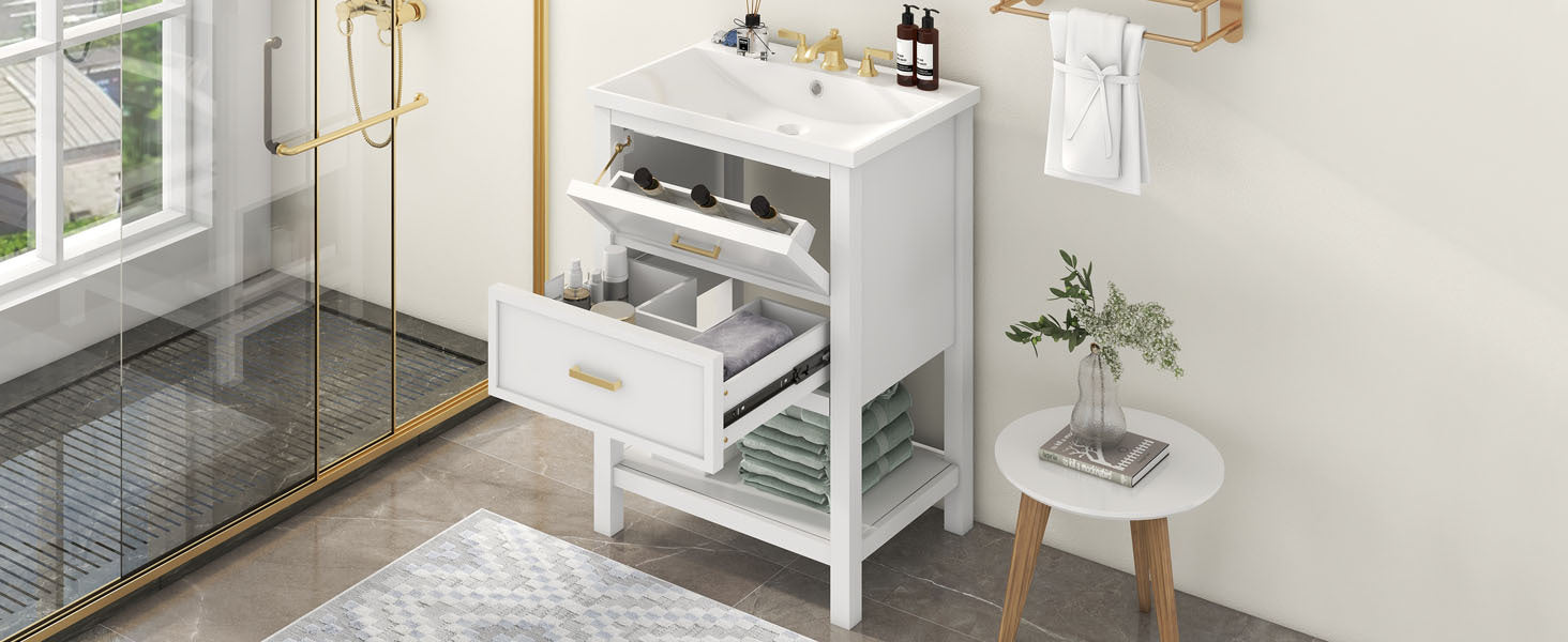 24'' Bathroom Vanity With Top Sink, Modern Bathroom Storage Cabinet With 2 Drawers, Single Sink Bathroom Vanity 2 White 1 Adjustable Hinges Bathroom Freestanding Mdf Painted