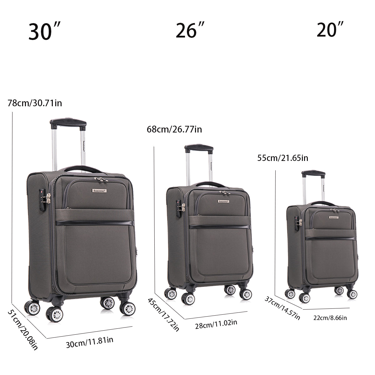 3 Piece Fabric Soft Luggage Set With Swivel Wheels And Password Lock, Gray, 20 26 30 Inches Grey Fabric