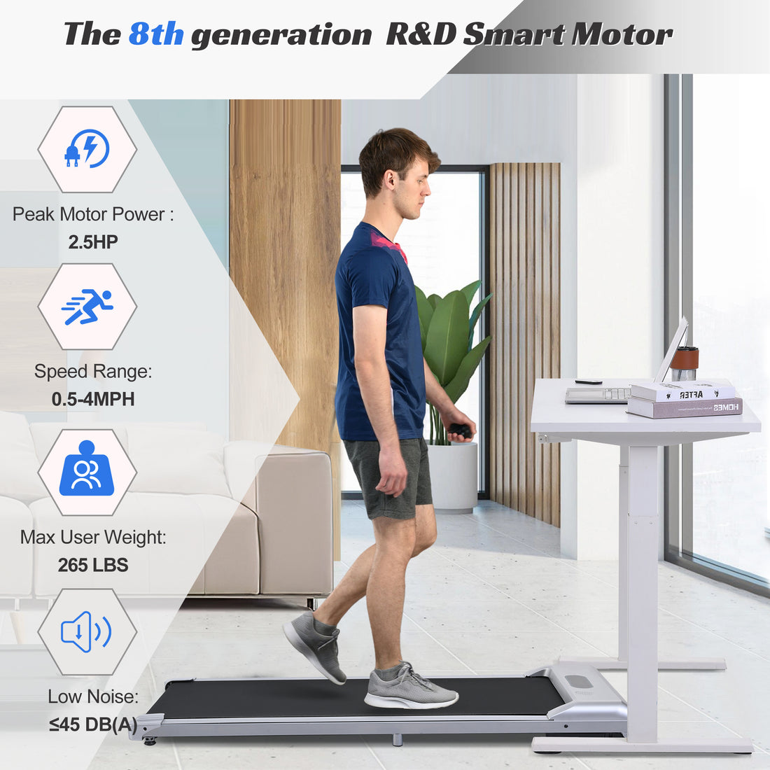 2 In 1 Under Desk Electric Treadmill 2.5Hp, Remote Control, Display, Walking Jogging Running Machine Fitness Equipment For Home Gym Office Silver Metal