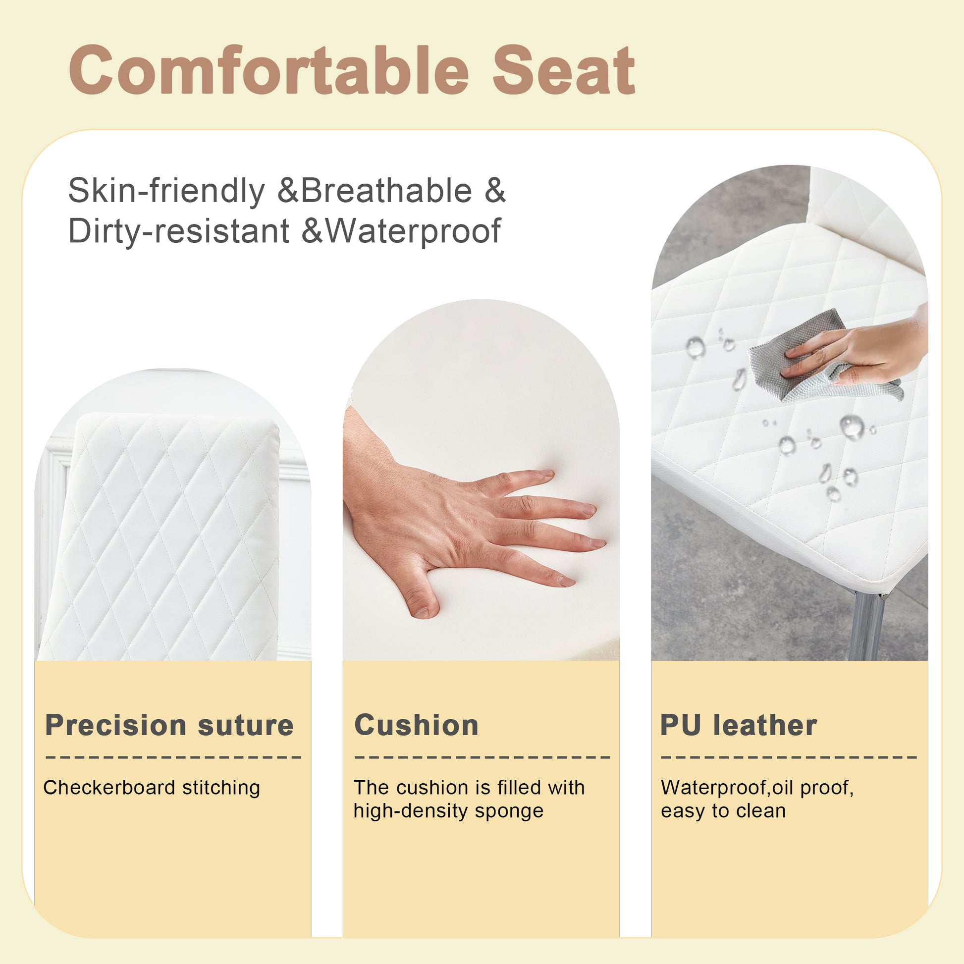 Table And Chair Set.Large Modern Rectangular Table With Brown Glass Top And Silver Metal Legs. Paired With 6 White Chairs With Checkered Armless High Back Pu Cushion And Silver Metal Legs.