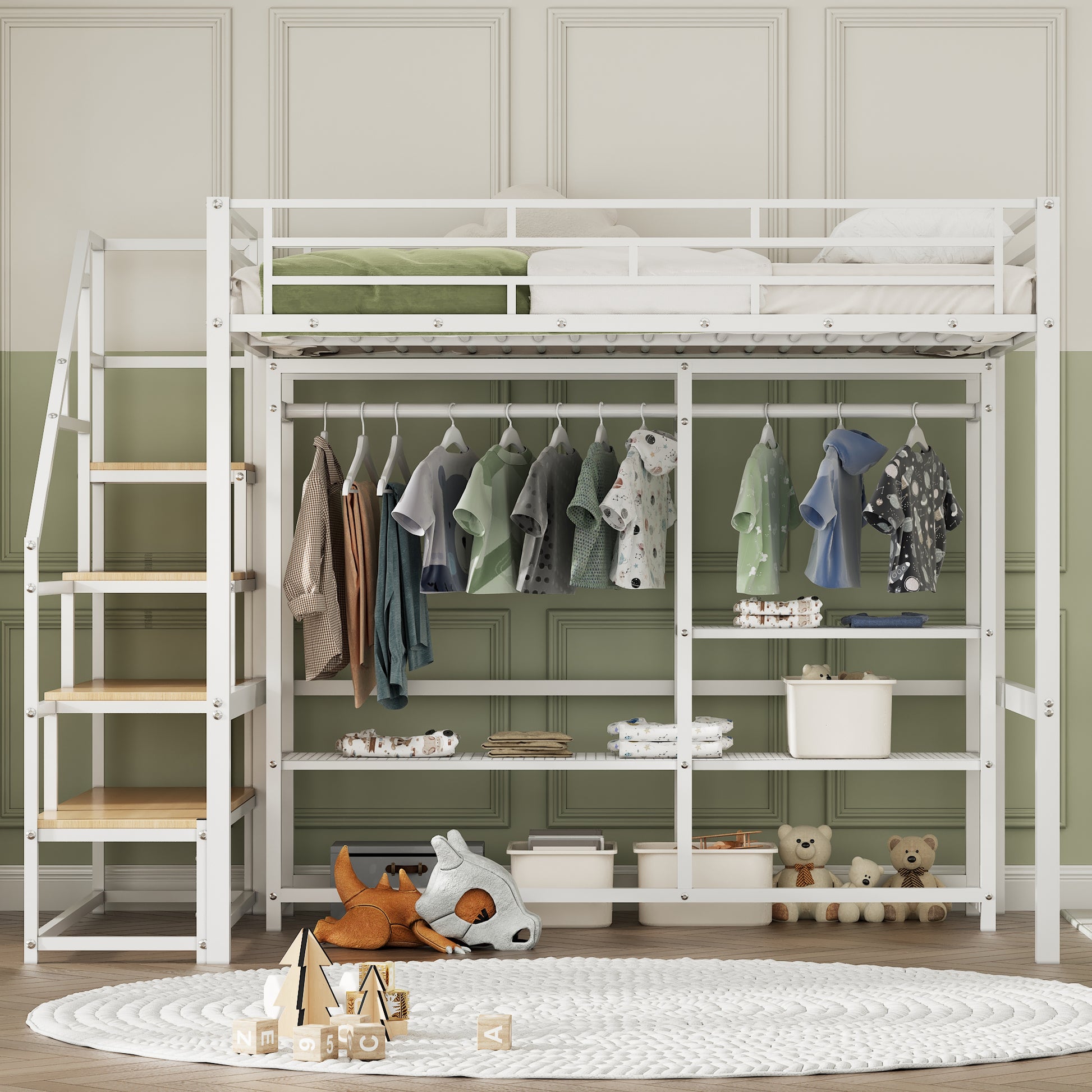 Full Size Metal Loft Bed With Wardrobe And Storage Shelves, White Box Spring Not Required Full White Metal Mdf Metal