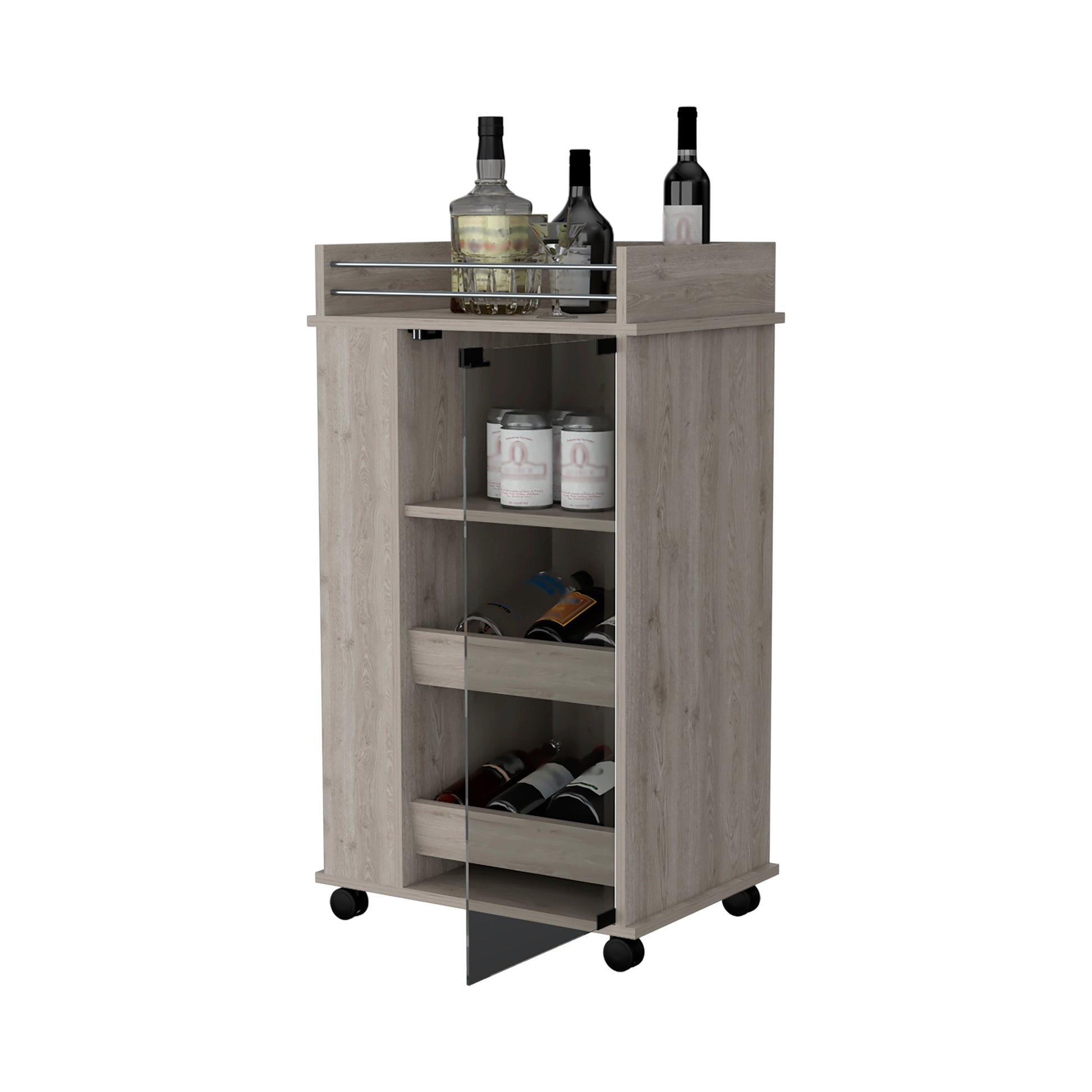 Baltimore Bar Cart With Casters, Glass Door And 2 Side Shelf Grey Primary Living Space Modern Rectangular Particle Board Engineered Wood Medium 40 55In