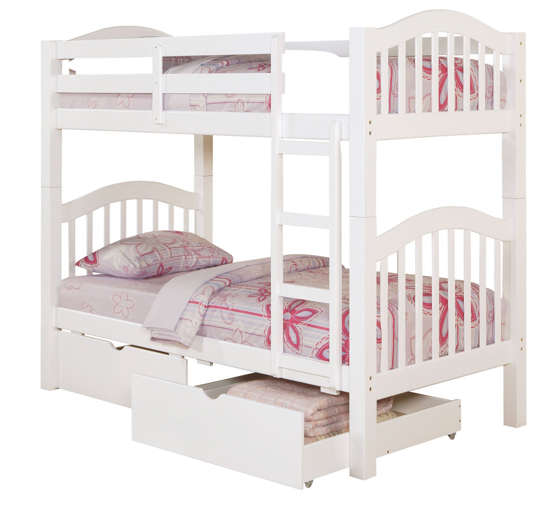 White Twin Over Twin Bunk Bed With Built In Ladder White Wood