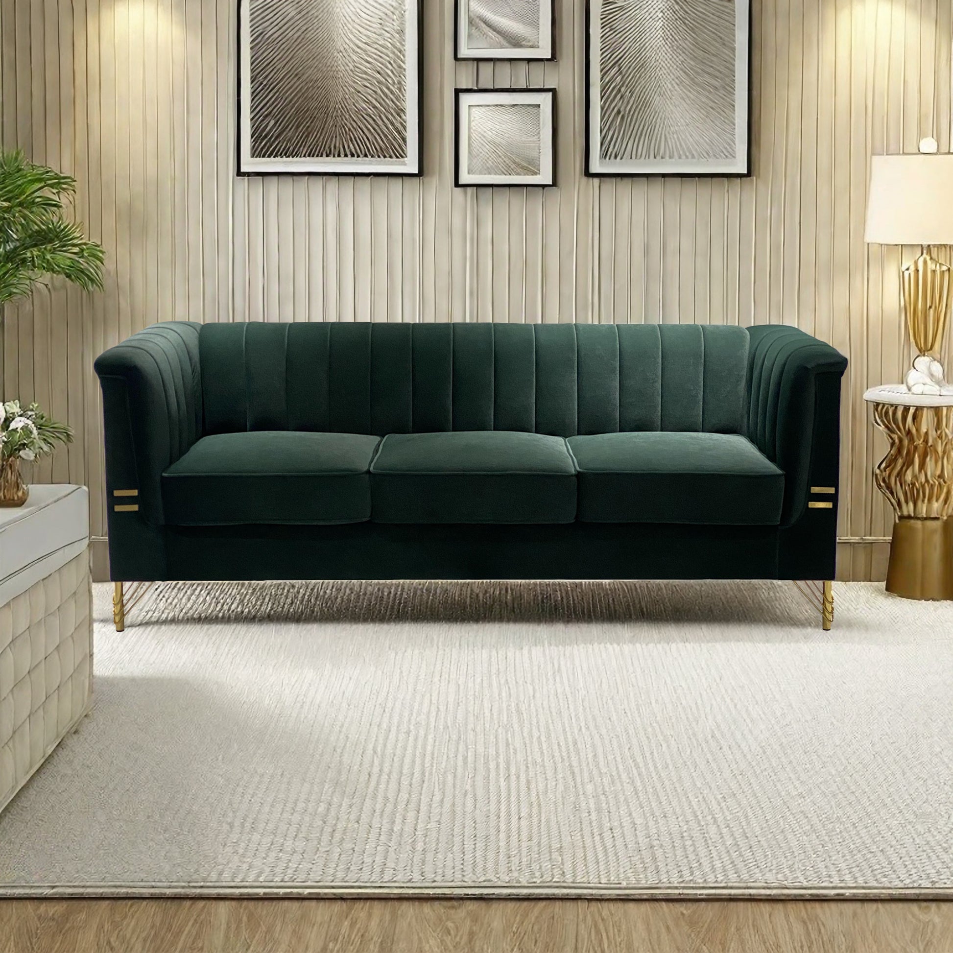 Fx P82 Gr Sofa 82.67'' W Velvet Sofa, Mid Century Sofa Furniture Chesterfield Couch For Living Room Sofa, Green Green Velvet 3 Seat