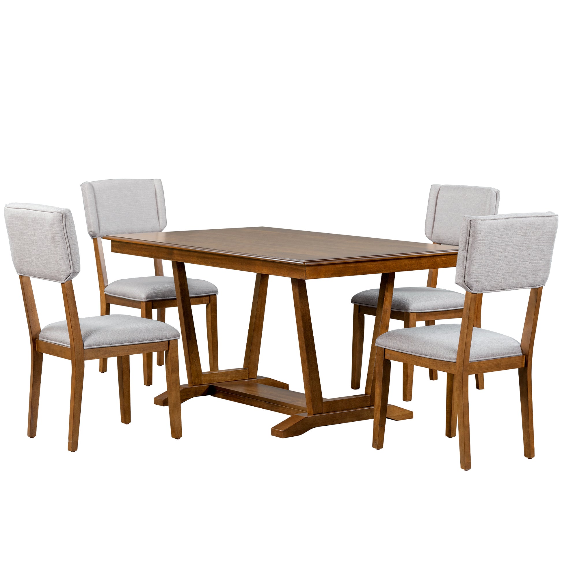 Rustic 5 Piece Dining Table Set With 4 Upholstered Chairs, 59 Inch Rectangular Dining Table With Trestle Table Base, Walnut Wood Dining Room Solid Wood Rubberwood Rectangular Dining Table With Chair