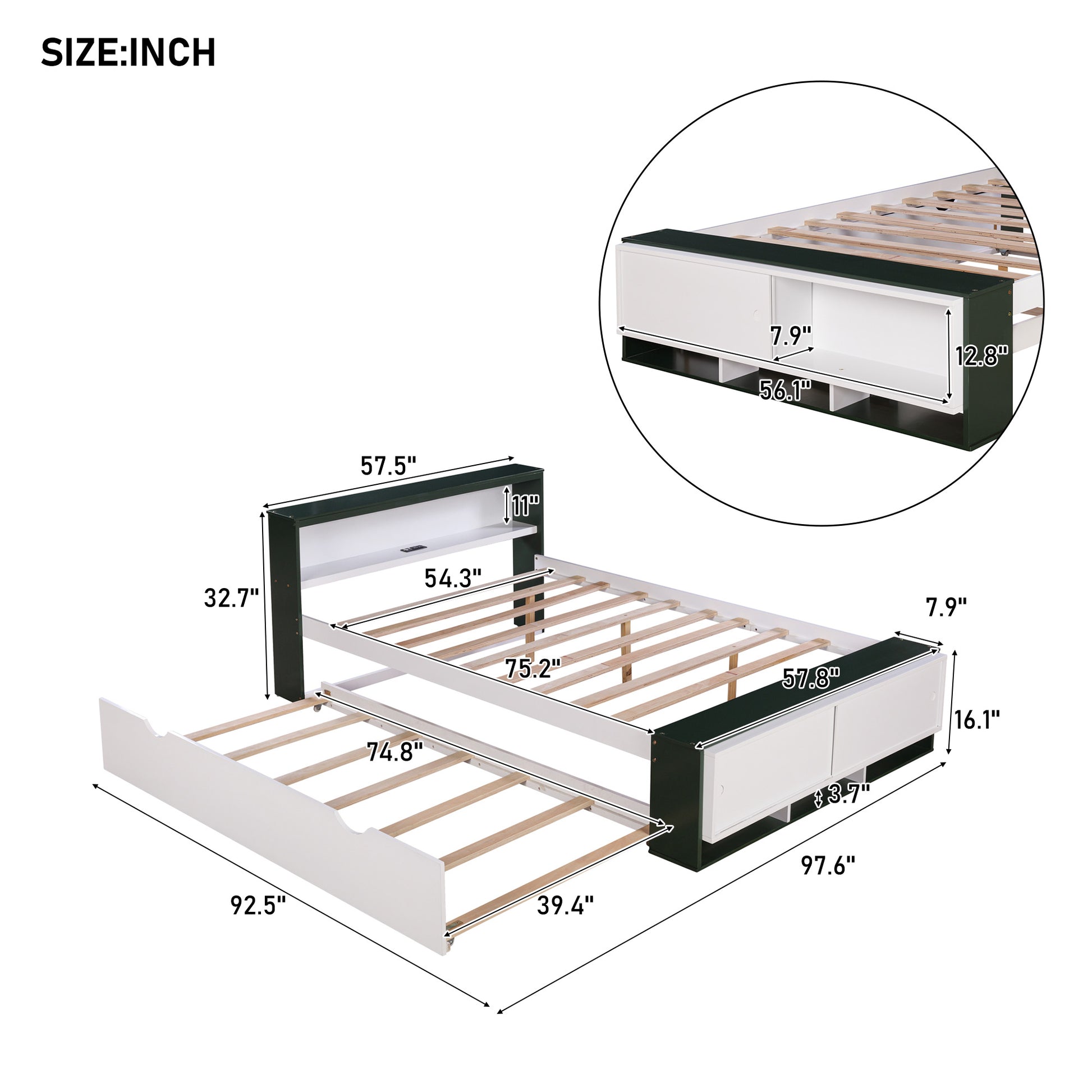 Full Size Platform Bed With Trundle,Storage Headboard And Footboard, Usb Charging Design,White Green Full White Green Solid Wood Mdf