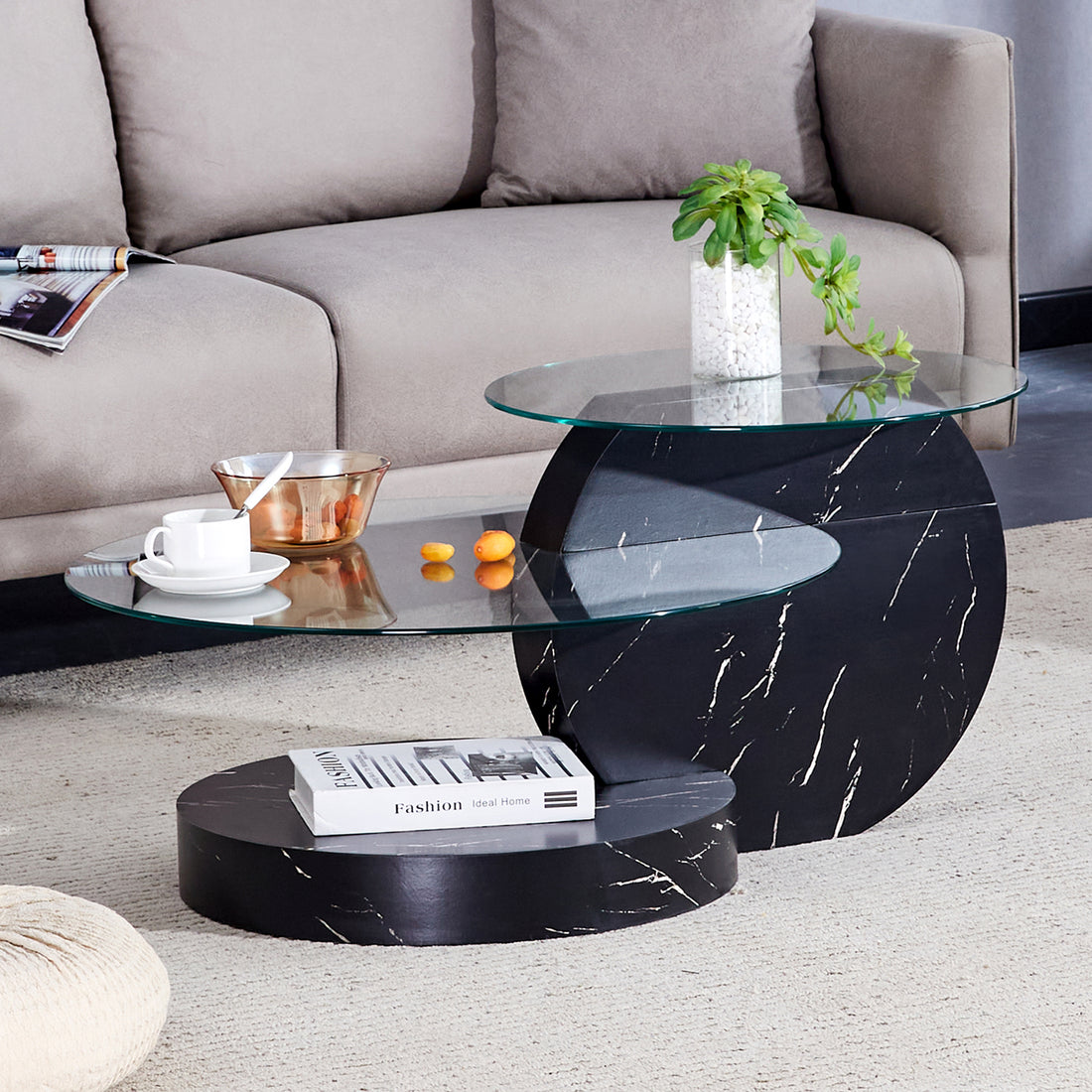 Modern And Practical Double Deck Round Table. Double Storage Space, Made Of Glass Tabletop And Mdf Table Legs. Suitable For Living Room And Bedroom And Dining Room. Black Mdf Glass