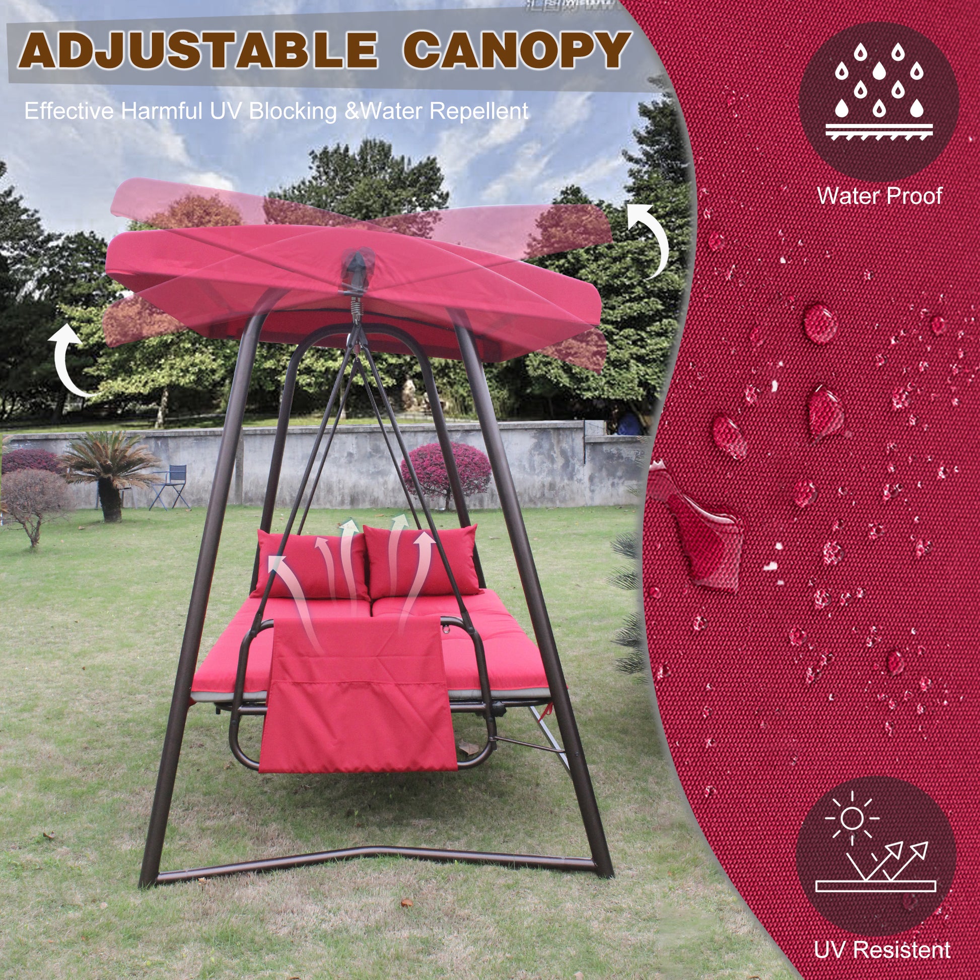 Outdoor Patio 3 Seaters Metal Swing Chair Swing Bed With Cushion And Adjustable Canopy Red Color Yes Red Weather Resistant Frame Garden & Outdoor Foam Metal