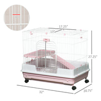 Pawhut 2 Level Small Animal Cage Rabbit Hutch With Wheels, Removable Tray, Platform And Ramp For Bunny, Chinchillas, Ferret, Pink Pink Iron Plastic