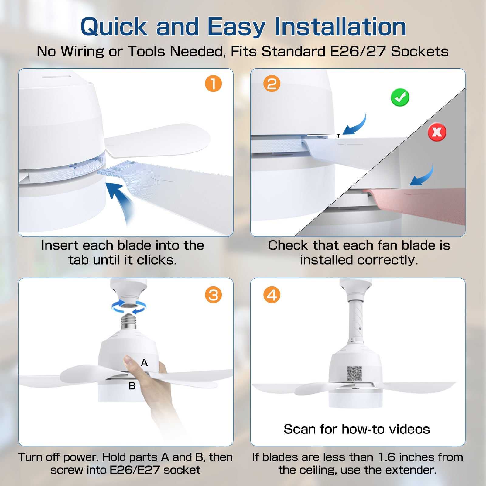 Socket Ceiling Fans With Dimmable Led Light E26 Screw Bulb Small Ceiling Fan For Bedroom Living Room Kitchen White Abs