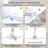 Socket Ceiling Fans With Dimmable Led Light E26 Screw Bulb Small Ceiling Fan For Bedroom Living Room Kitchen White Abs