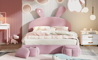 Full Size Upholstered Platform Bed With Cartoon Ears Shaped Headboard And Light, Pink Box Spring Not Required Full Pink Wood Bedroom Bed Frame Velvet Upholstered