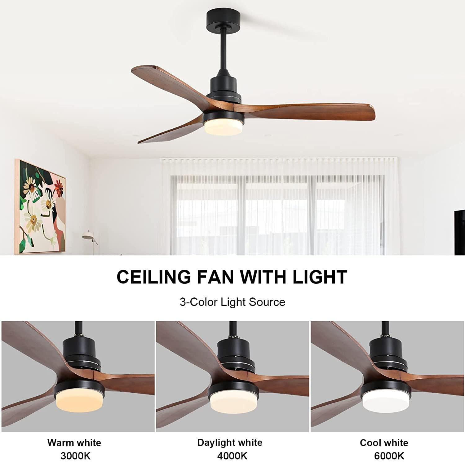 60 Inch 3 Solid Wood Blade Dc Motor Ceiling Fan Decorate For The Living Room With Light Black Metal & Wood