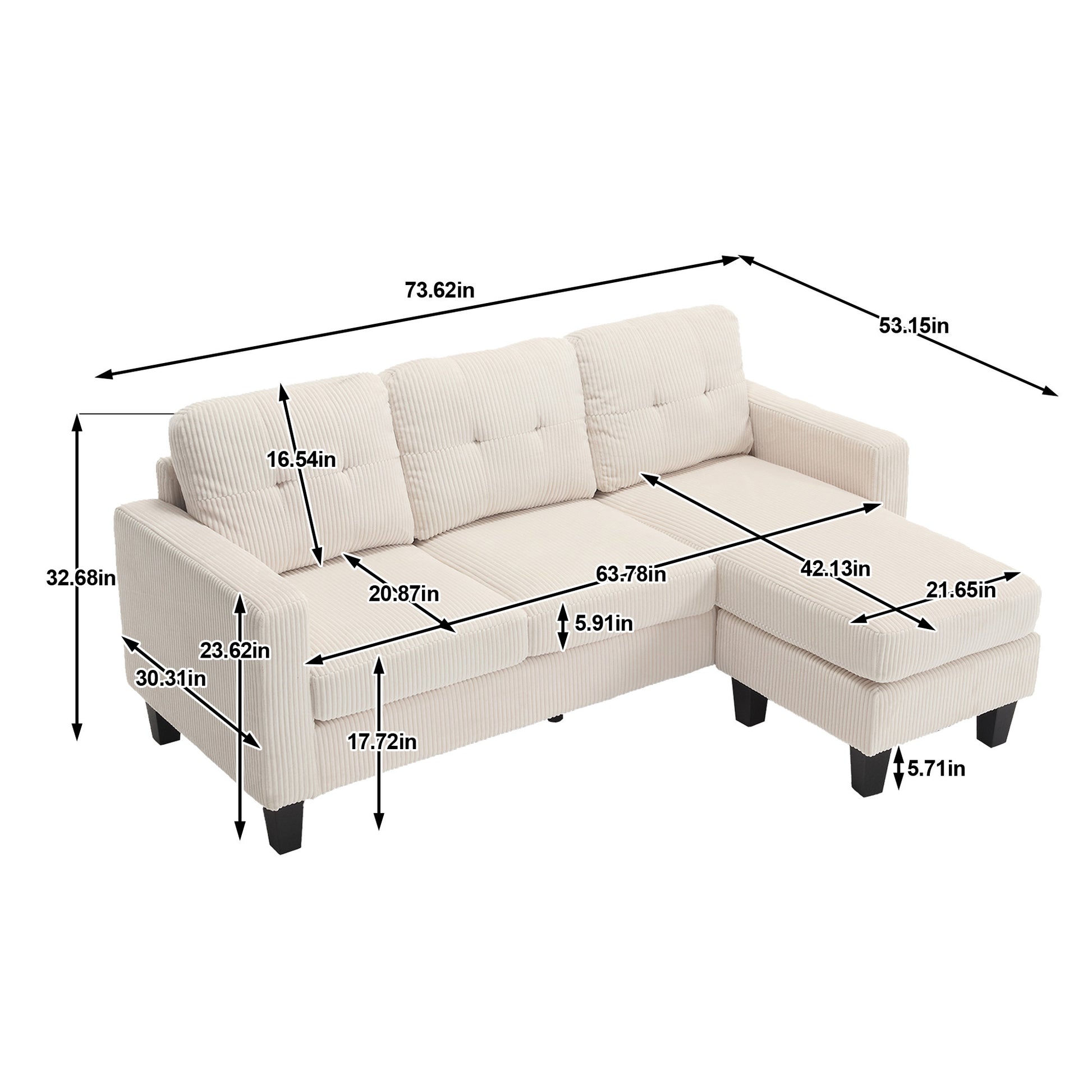 Velvet Sectional Couch Withl Shaped Sofa With Ottoman For Small Apartment Beige Velvet 3 Seat