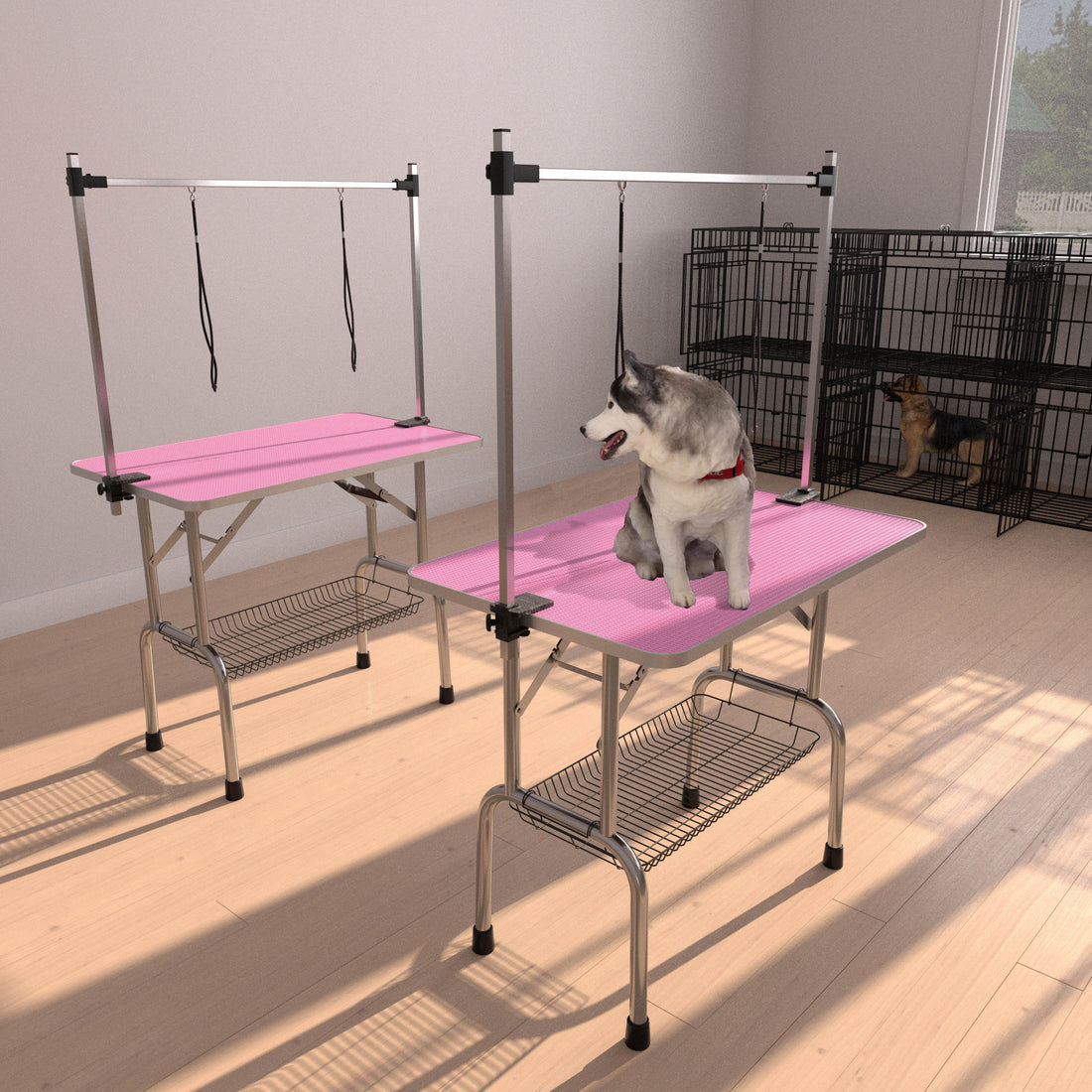 42" Folding Dog Pet Grooming Table Stainless Steel Frame Rubber Mat On Board With Adjustable Arm And Clamps Pet Dog Cat Grooming Table Pink Color Pink Rubber Stainless Steel