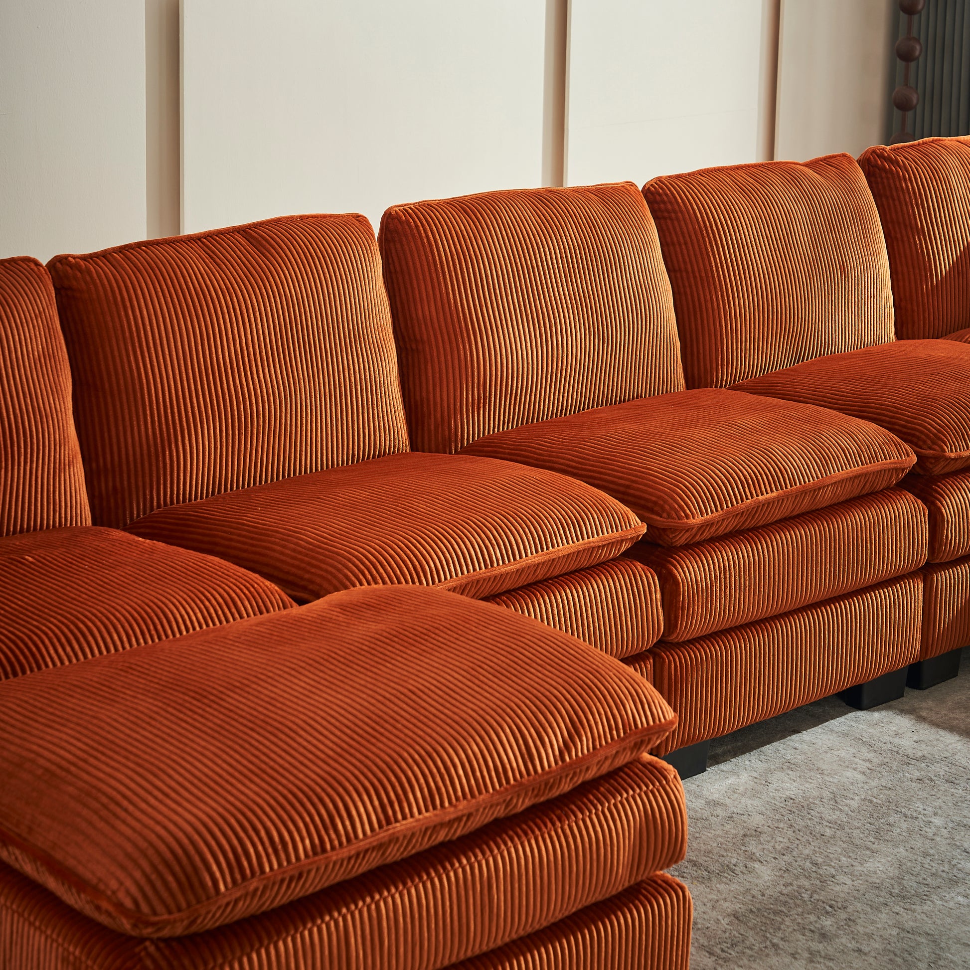 Modern U Shaped 6 Seat Sectional Sofa Couch With One Ottoman And Three Toss Pillows ,Modular Sofa For Living Room,Corduroy Sofa Orange Corduroy 7 Seat