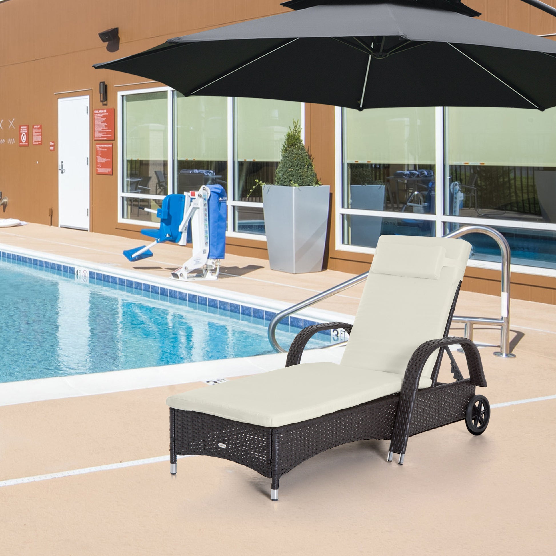 Outsunny Wicker Outdoor Chaise Lounge, 5 Level Adjustable Backrest Pe Rattan Pool Lounge Chair With Wheels, Cushion & Headrest, Dark Coffee And Cream White Colorful Rattan