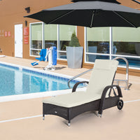 Outsunny Wicker Outdoor Chaise Lounge, 5 Level Adjustable Backrest Pe Rattan Pool Lounge Chair With Wheels, Cushion & Headrest, Dark Coffee And Cream White Colorful Rattan