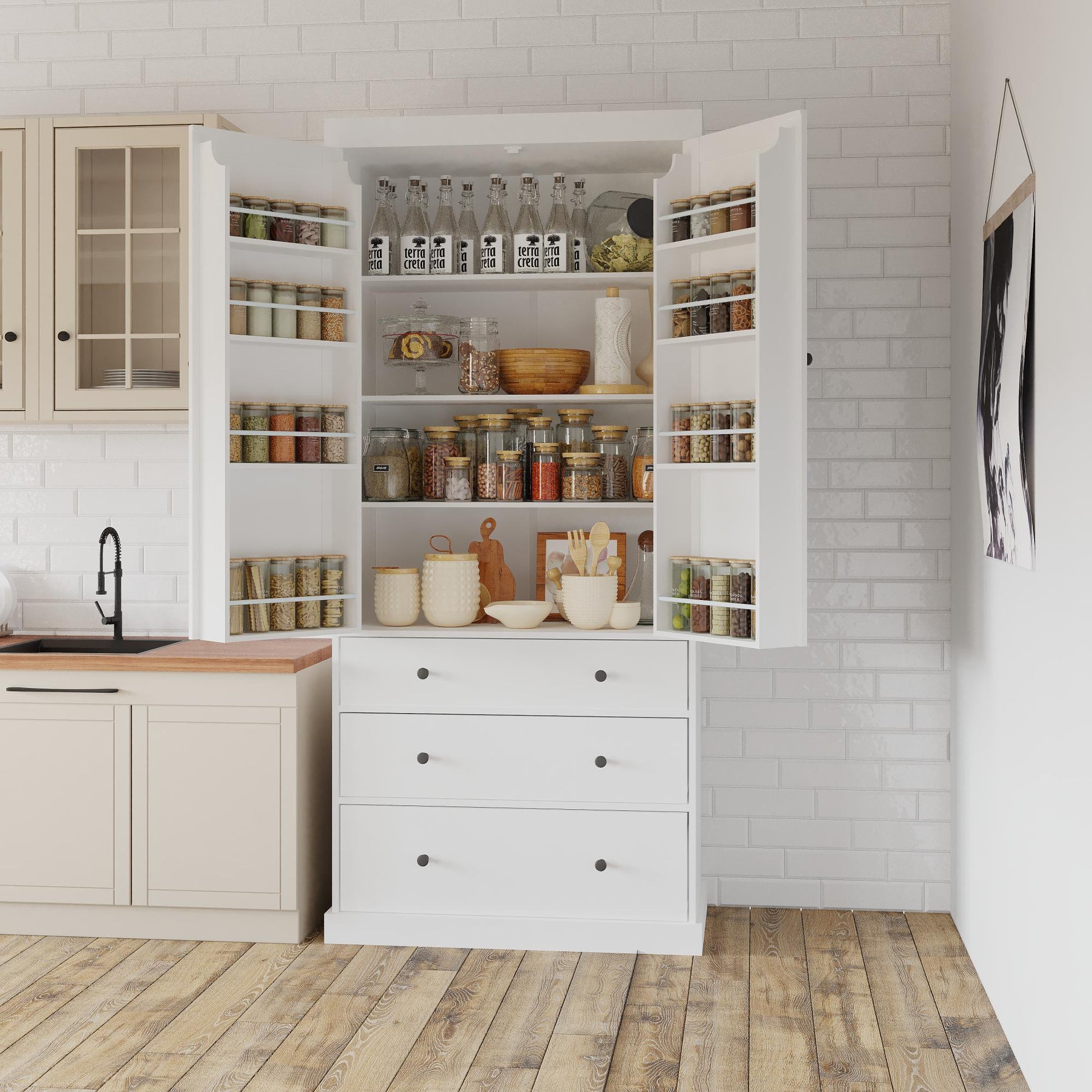 Assembly 77Inch Farmhouse Kitchen Pantry, Freestanding Tall Cupboard Storage Cabinet With 3 Adjustable Shelves, 8 Door Shelves, 3 Drawers For Kitchen, Dining Room, White White Kitchen Farmhouse