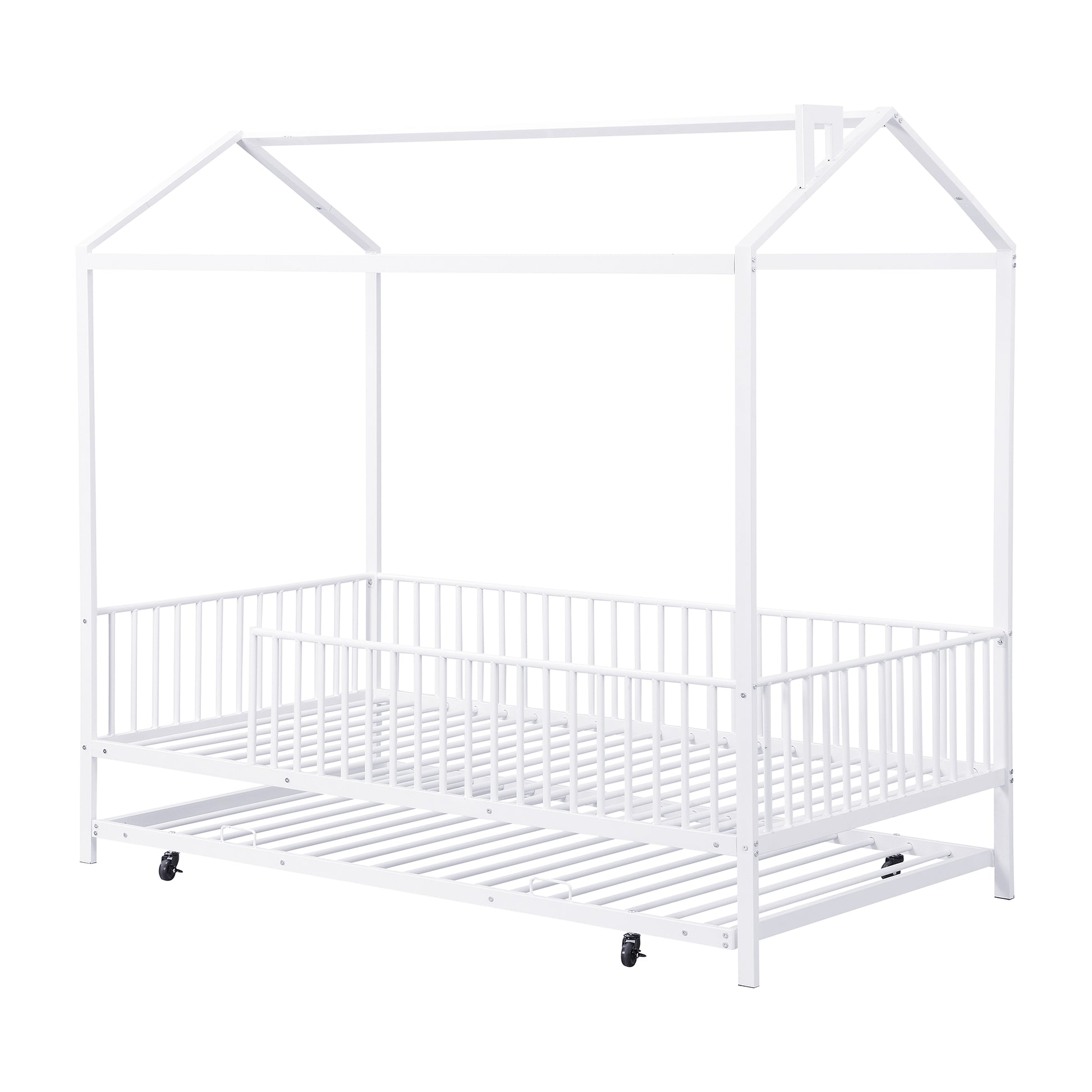 Twin Size Metal House Bed With Fence, With Trundle, White Twin White Metal