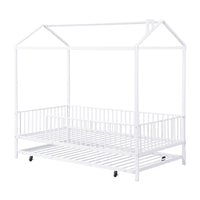 Twin Size Metal House Bed With Fence, With Trundle, White Twin White Metal