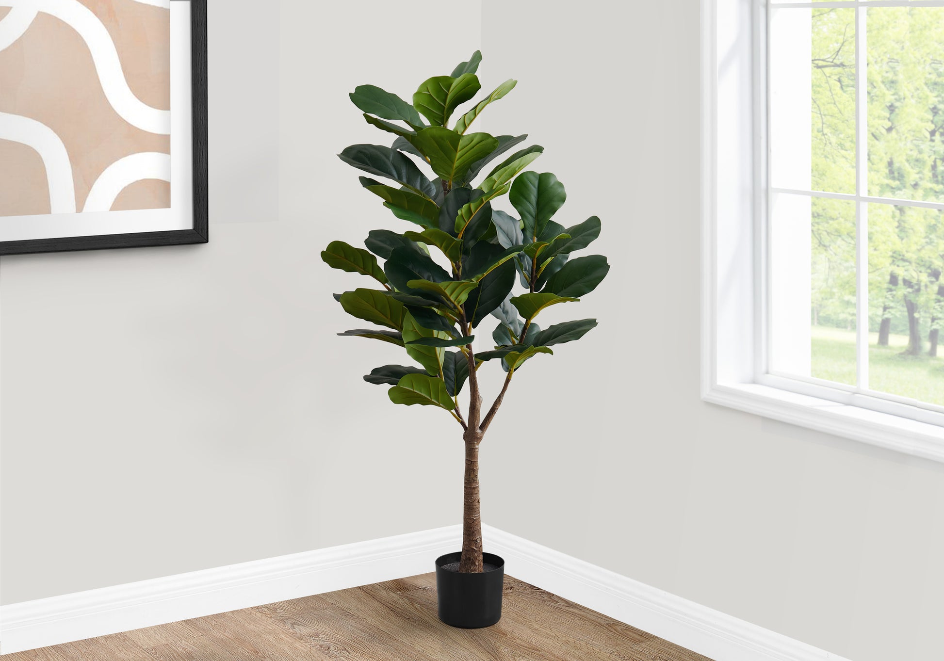 Artificial Plant, 47" Tall, Fiddle Tree, Indoor, Faux, Fake, Floor, Greenery, Potted, Real Touch, Decorative, Green Leaves, Black Pot Green Foam Plastic