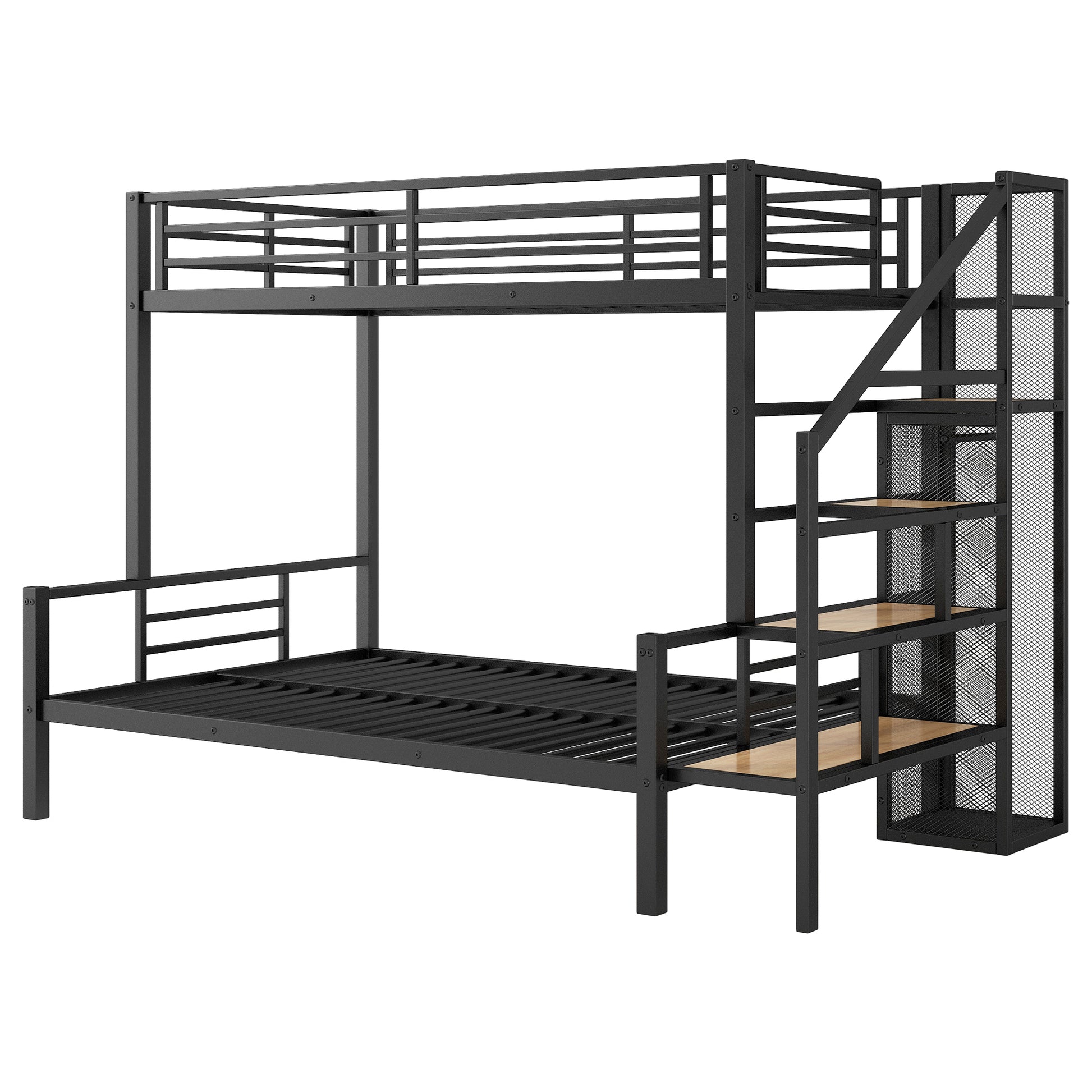 Twin Over Full Size Metal Bunk Bed With Storage Staircase And Open Wardrobe,Black Expected Arrival Time:11.15 Black Mdf Metal