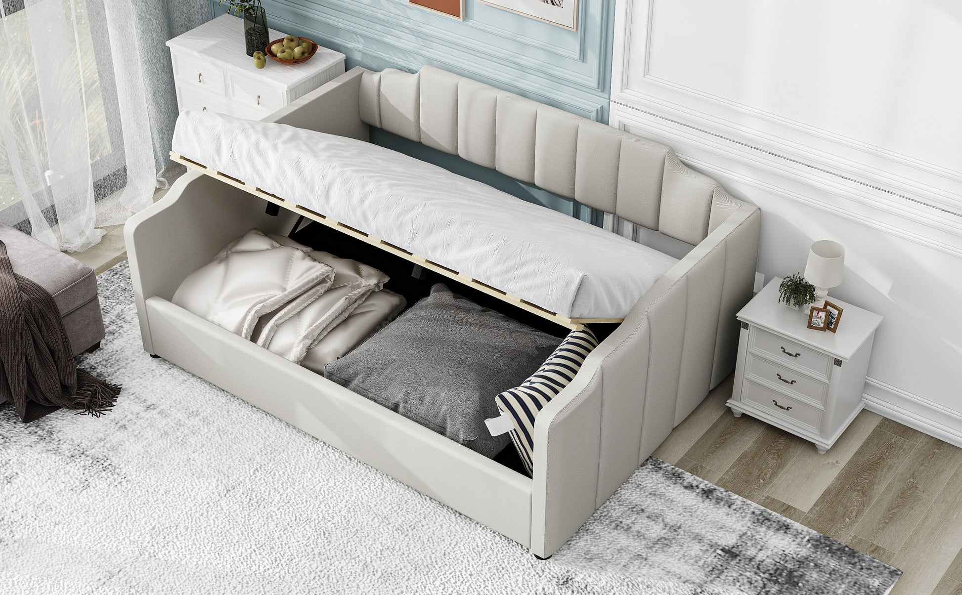 Upholstered Daybed With Underneath Storage,Full Size, White Full White Upholstered