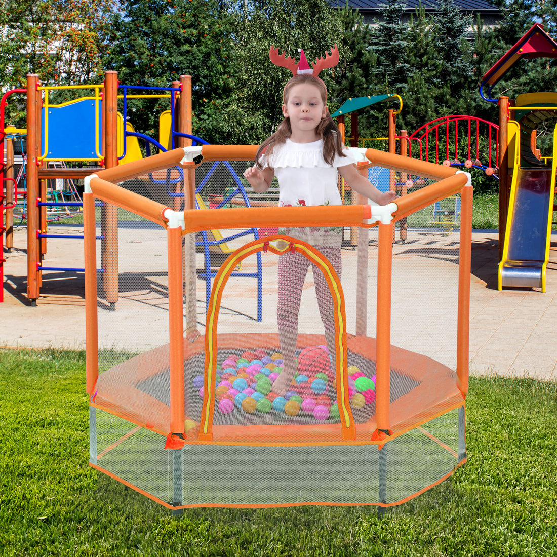 55'' Toddlers Trampoline With Safety Enclosure Net And Balls, Indoor Outdoor Mini Trampoline For Kids Orange Metal