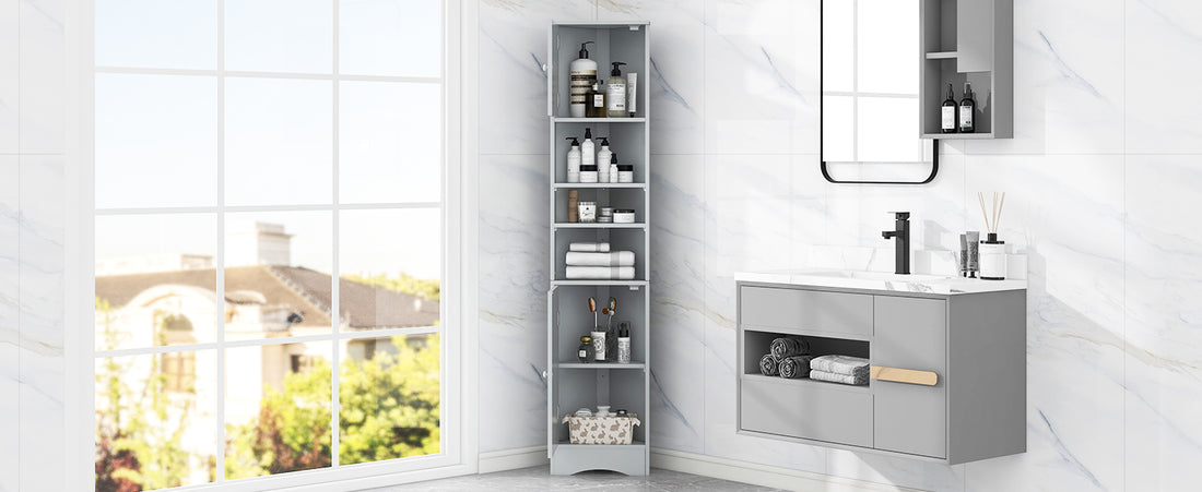 Multi Functional Corner Cabinet Tall Bathroom Storage Cabinet With Two Doors And Adjustable Shelves, Open Shelf, Grey Grey Mdf