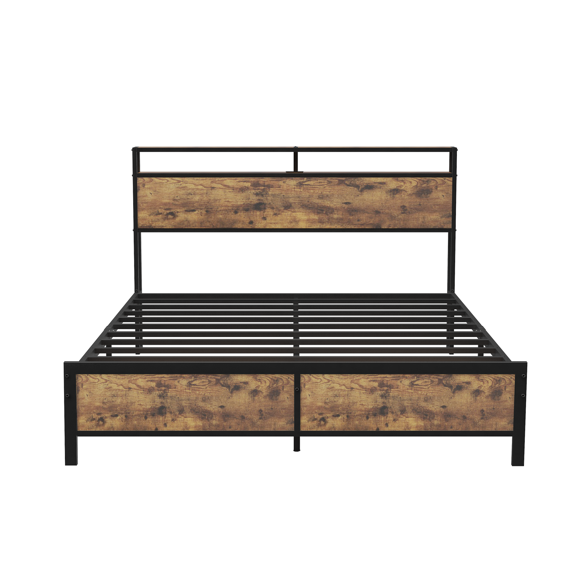 Industrial Full Bed Frame With Led Lights And 2 Usb Ports, Bed Frame Full Size With Storage, Noise Free, No Box Spring Needed, Rustic Brown Full Rustic Brown Metal Metal