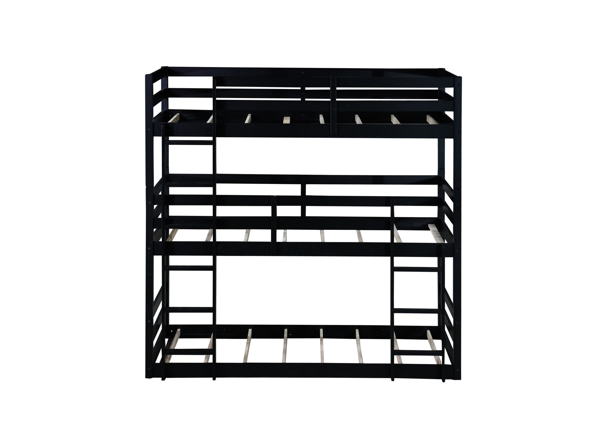 Triple Rubber Wood Bunk Bed With Two Built In Ladders, Guardrails, Twin Over Twin Over Twin, Detachable Triple Twin Bunk Bed,Black Twin Black Bedroom American Design Bed Frame Rubber Wood