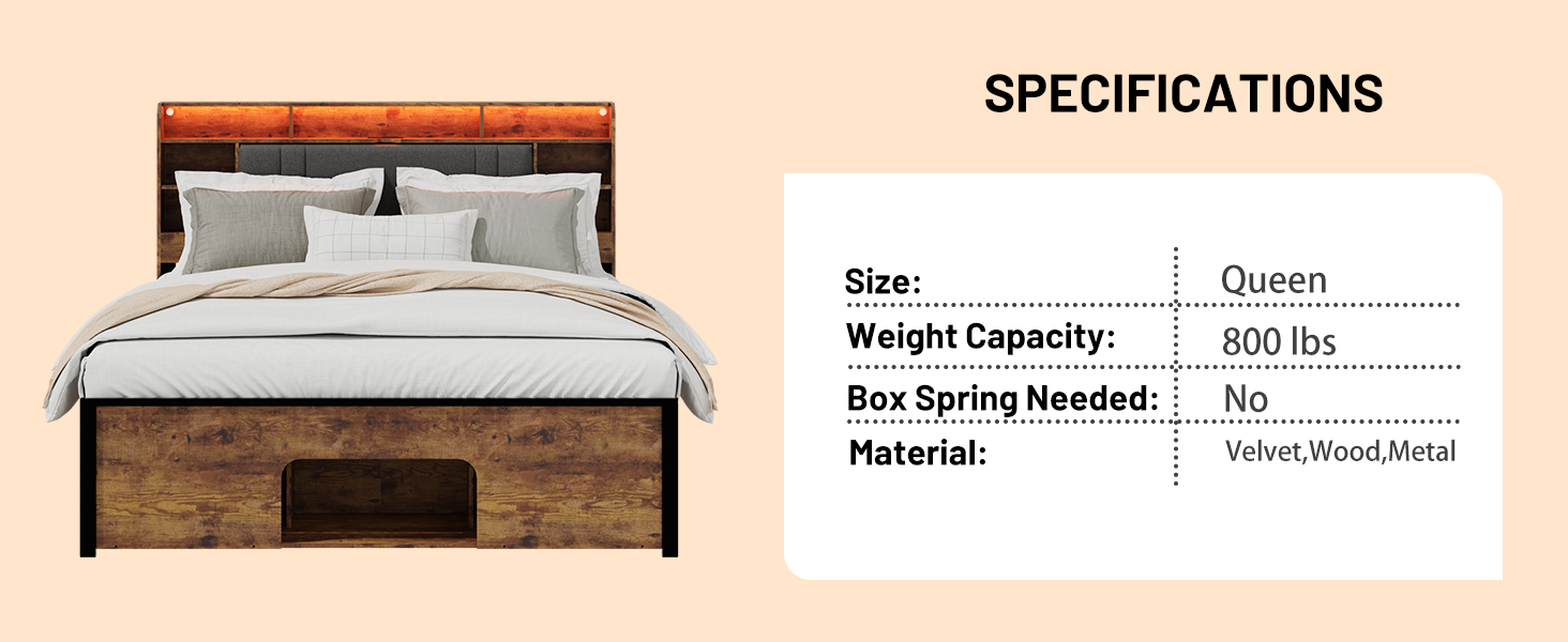 Queen Bed Frame With Upholstered Headboard And Wood Platform,Storage Headboard With Charging Station And Led, Bed Frame With Pet Bed,No Noise, No Box Spring Needed,Easy Assembly,Rustic Brown Box