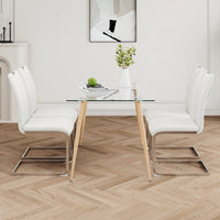 Modern Simple Rectangular Glass Dining Table, Solid Tempered Glass Countertop, Wood Transfer Metal Table Legs, White Pu Dining Chair Set, Suitable For Restaurant Kitchen Use Set Of 5 Metal Glass White Pu Seats 4 Metal Rectangular Dining Table With Chair