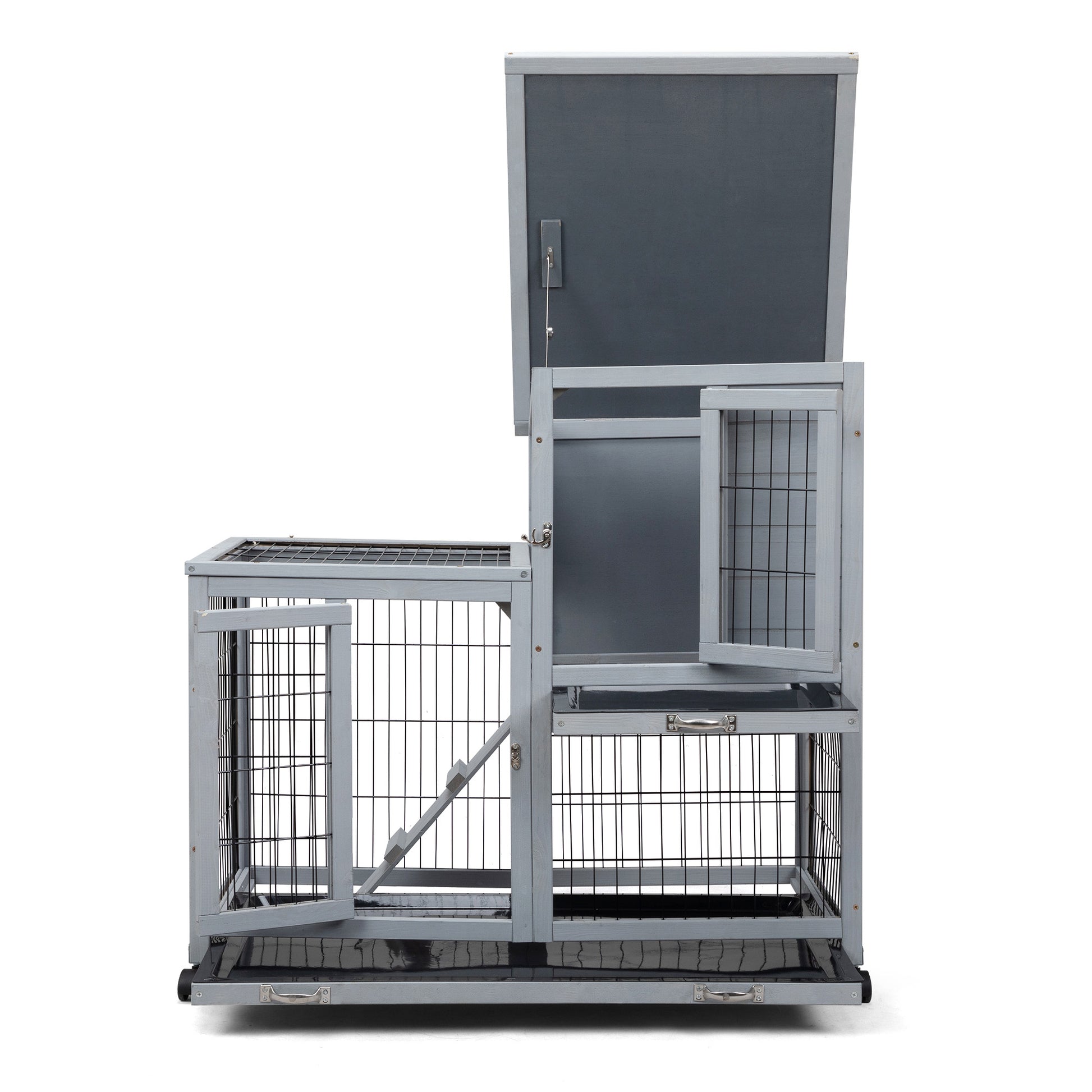 Detachable Rabbit Hutch With Removable Tray And Rolling Casters, Gray White White Gray Pine