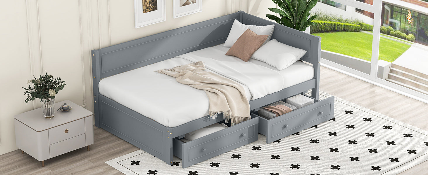 Twin Size Wood Daybed With 2 Drawers And Guardrail, Gray Gray Solid Wood Mdf