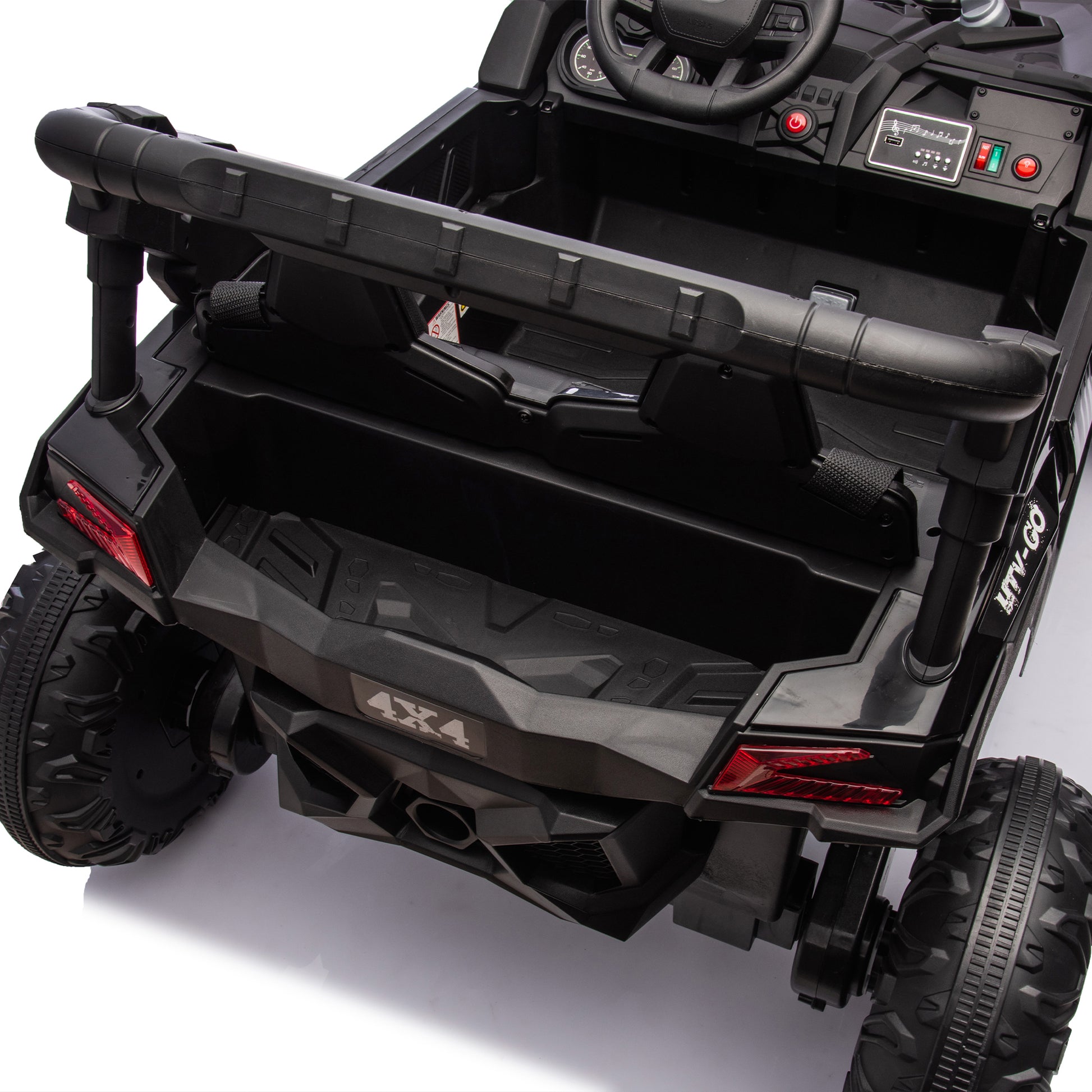 24V Two Seater Kids Ride On Utv W Parents Remote Control,Four Wheel Suspension,Slow Start,Large Wheel Design,Anti Collision Bar,Storage Space,Music,Usb,Bluetooth,Volume Control,Led Lights For Kids 3 . Black 100 149 Lbs Polypropylene