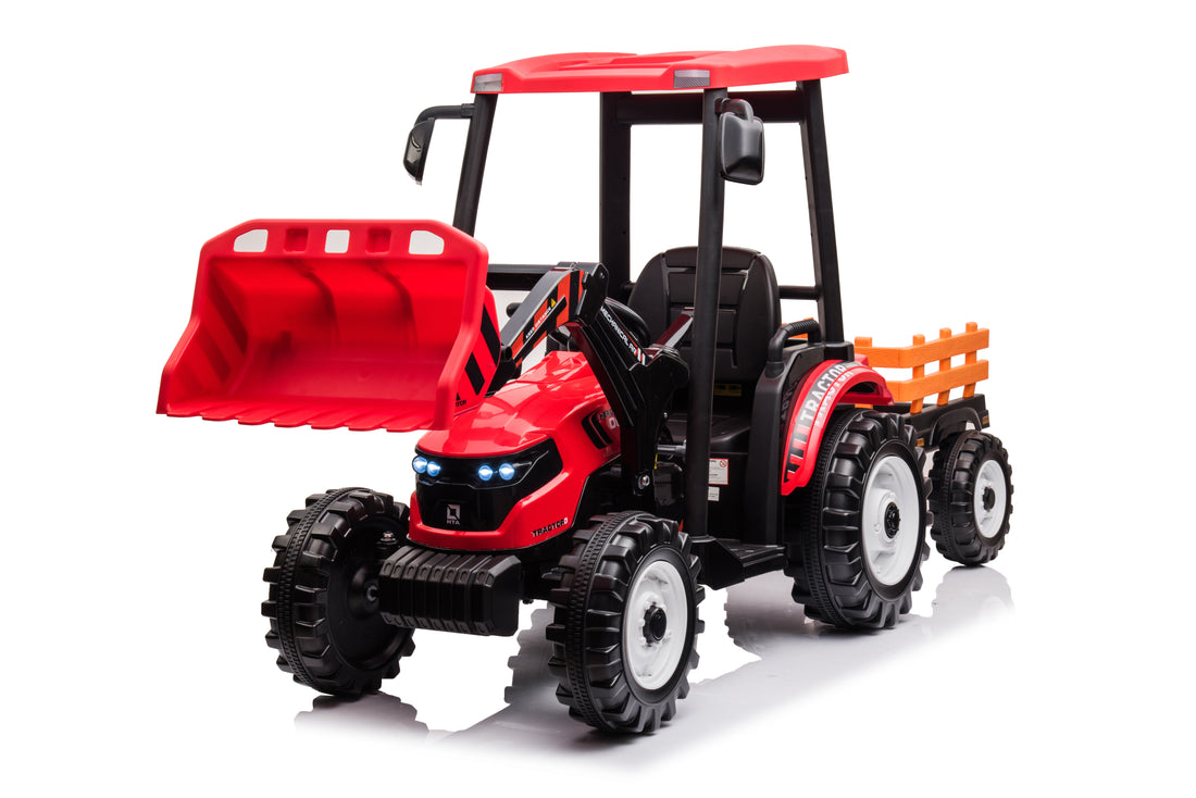 Pedal Tractors With Working Loader And Backhoe Digger, Kids' Ride On Car Toys 24V Battery Powered Electric Vehicles With Trailer, Digger For Toddlers Red Red Plastic