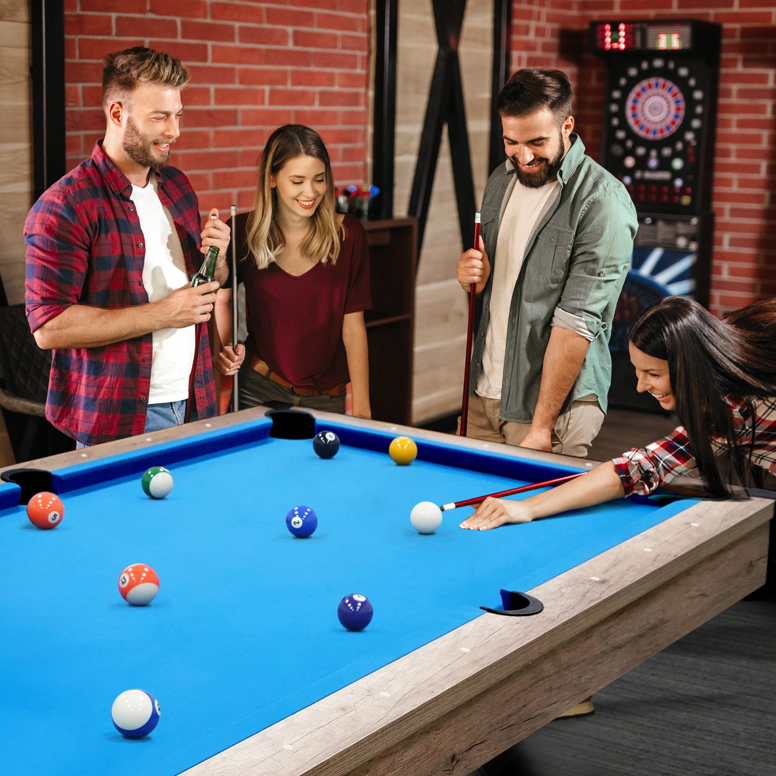 84"Billiard Table With Rustic Blond Finishk Shaped Legs And Royal Blue Cloth Indoor Fitness Blue Brown Gym Gym Mdf