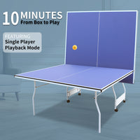 9Ft Mid Size Table Tennis Table Foldable & Portable Ping Pong Table Set For Indoor Games With Net, 2 Table Tennis Paddles And 3 Balls Blue Mdf