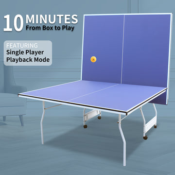 9Ft Mid Size Table Tennis Table Foldable & Portable Ping Pong Table Set For Indoor Games With Net, 2 Table Tennis Paddles And 3 Balls Blue Mdf