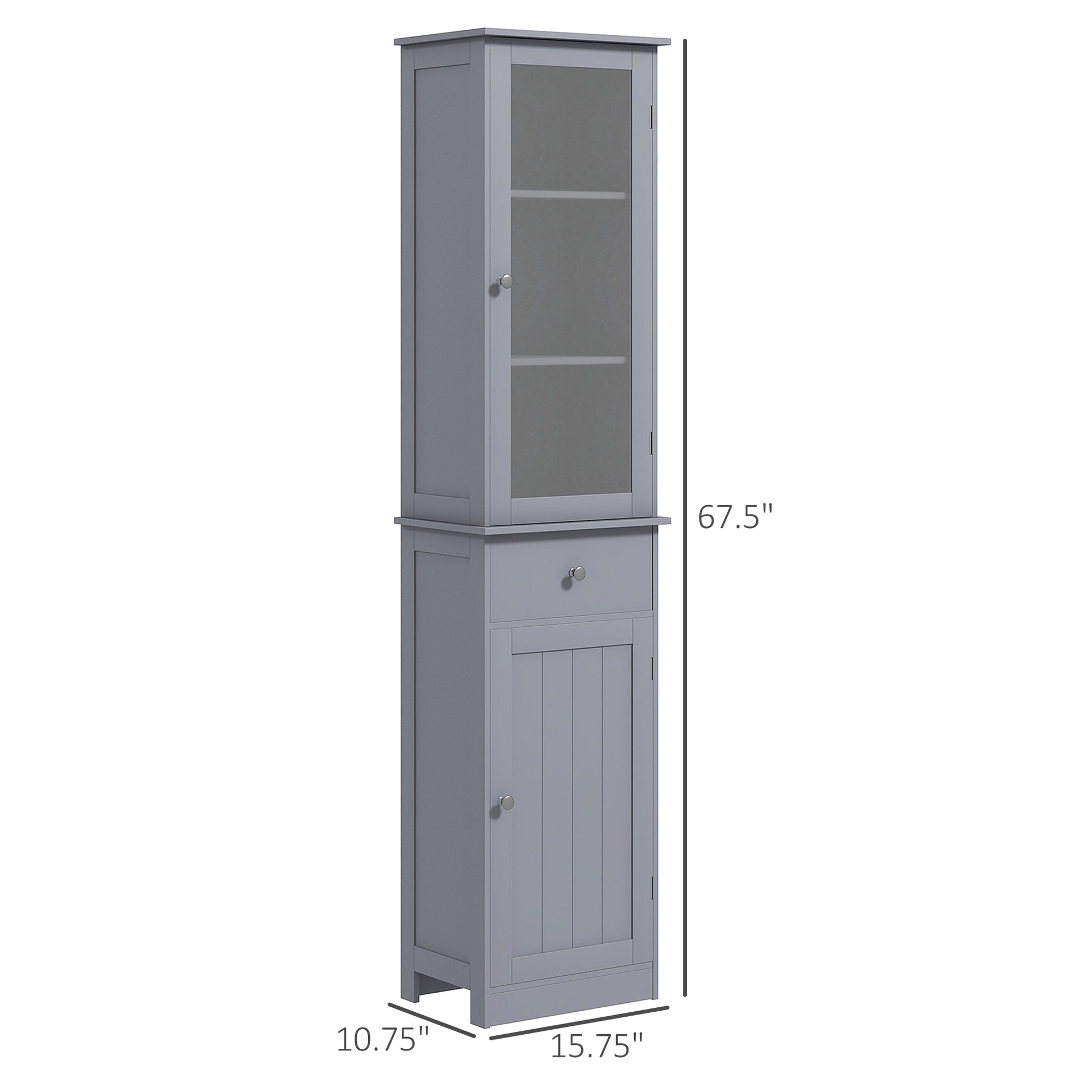 Kleankin Slim Bathroom Storage Cabinet, Tall Bathroom Cabinet, Narrow Linen Tower With Acrylic Door, Drawer And Shelves, Gray Gray Mdf