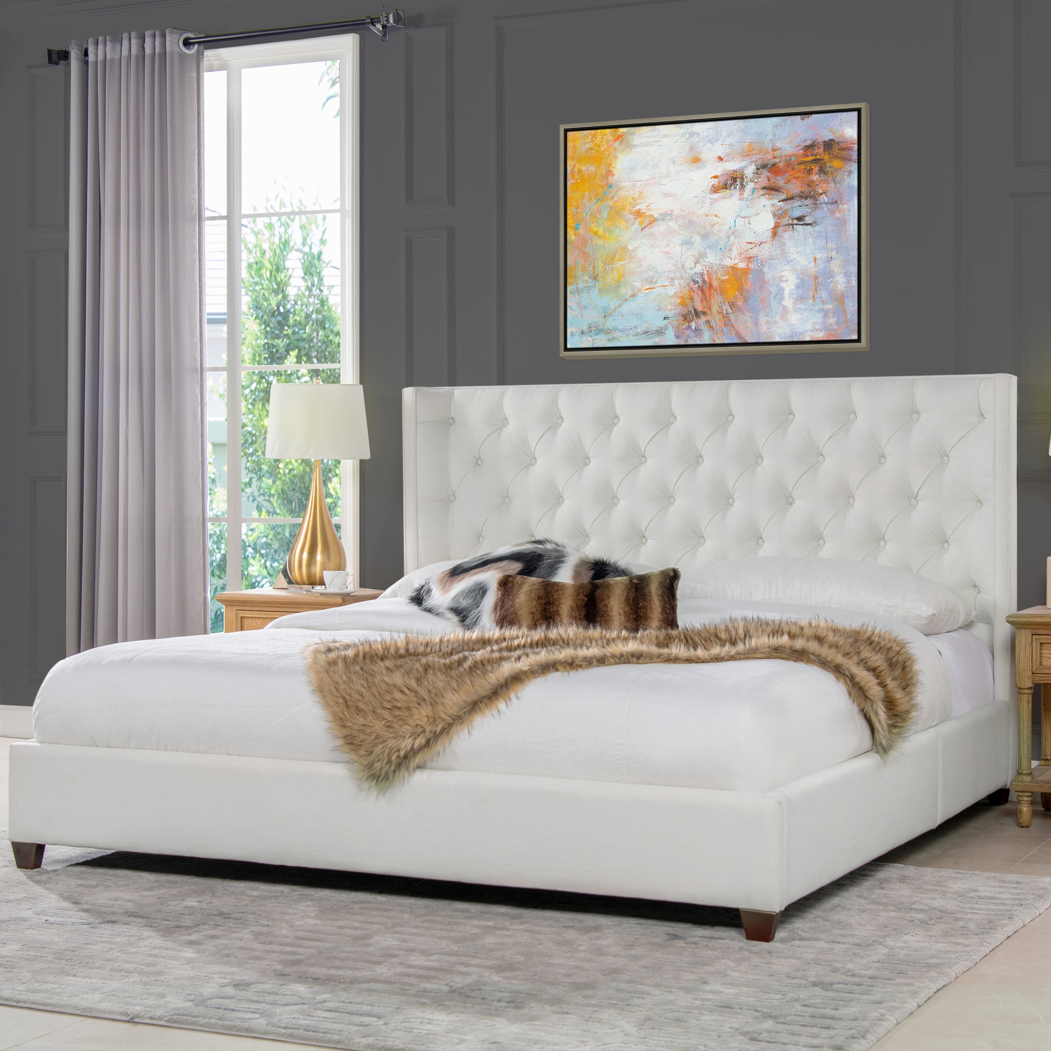 Manhattan Shelter King Platform Bed Frame, Antique White Polyester Box Spring Not Required King Antique White Wood Foam Polyester Polyester