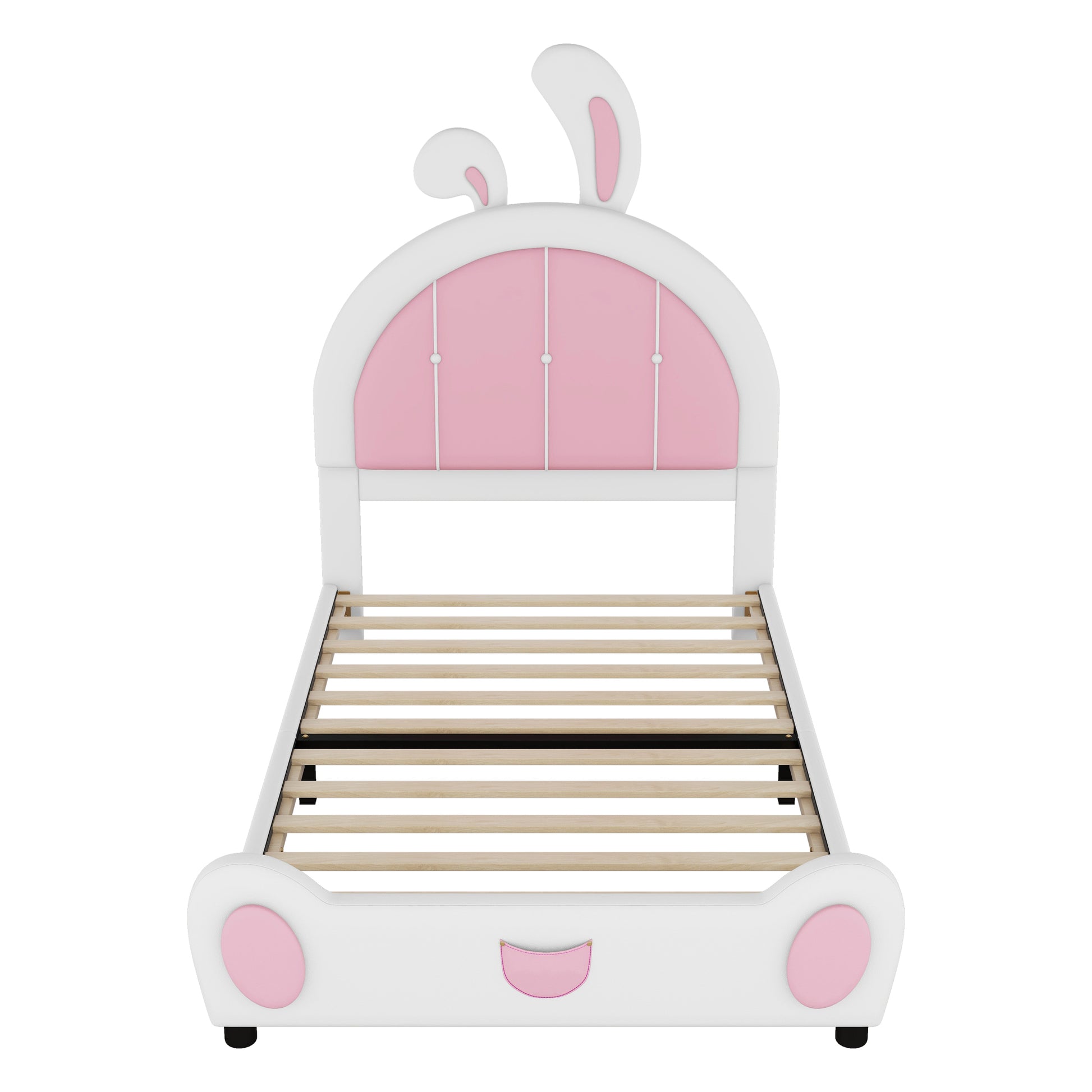 Twin Size Upholstered Platform Bed With Rabbit Shaped Headboard, White Box Spring Not Required Twin White Pink Wood Bedroom Bed Frame Faux Leather Upholstered