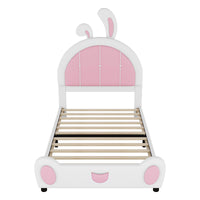 Twin Size Upholstered Platform Bed With Rabbit Shaped Headboard, White Box Spring Not Required Twin White Pink Wood Bedroom Bed Frame Faux Leather Upholstered